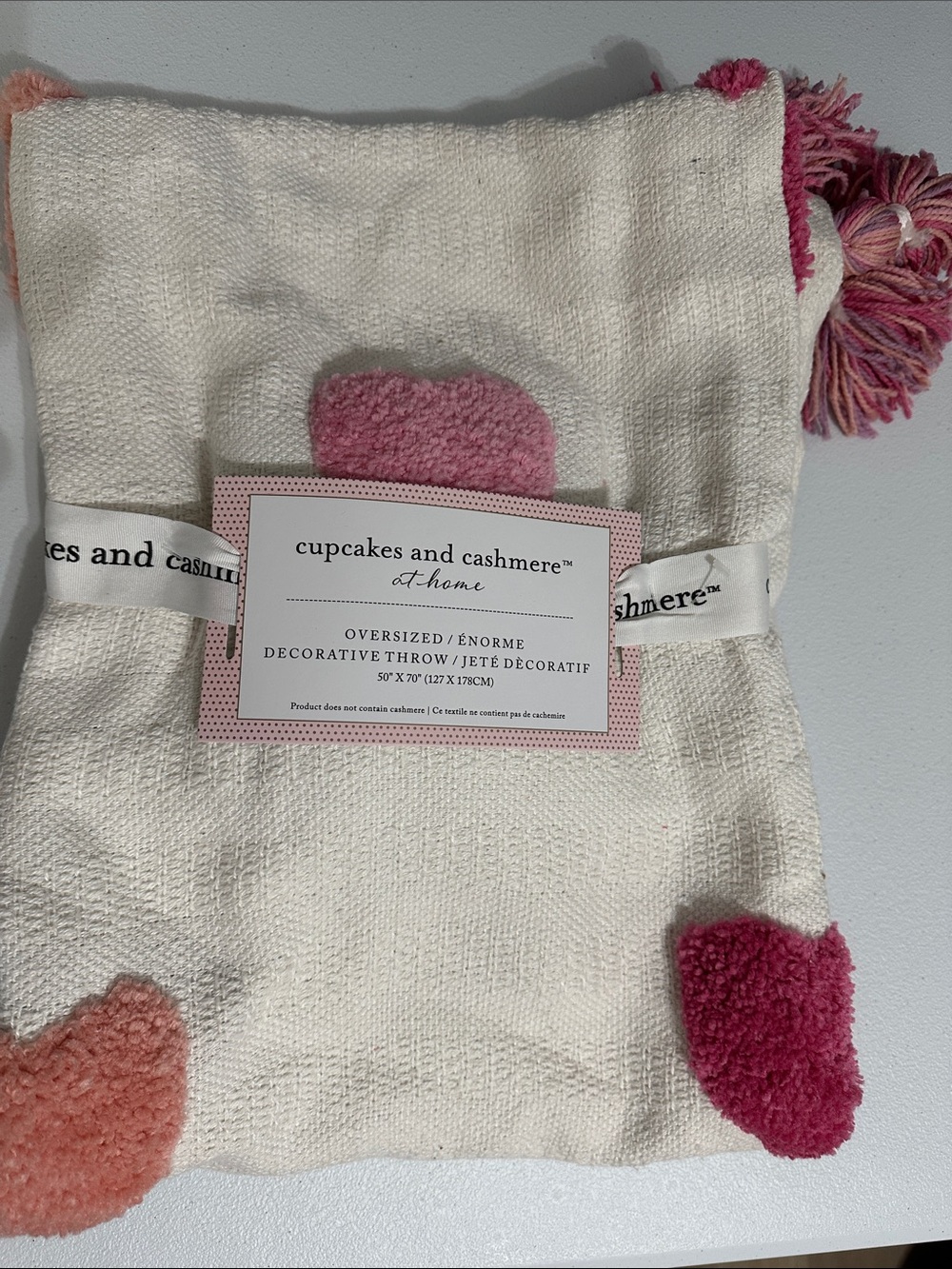cupcakes & cashmere Cream Throw with Pink and Coral Heart Accents
